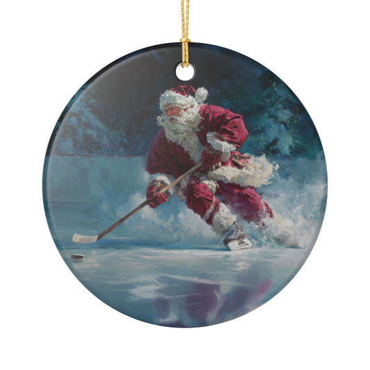 Ceramic Ornament — Vintage Santa Playing Ice Hockey Holiday Decoration