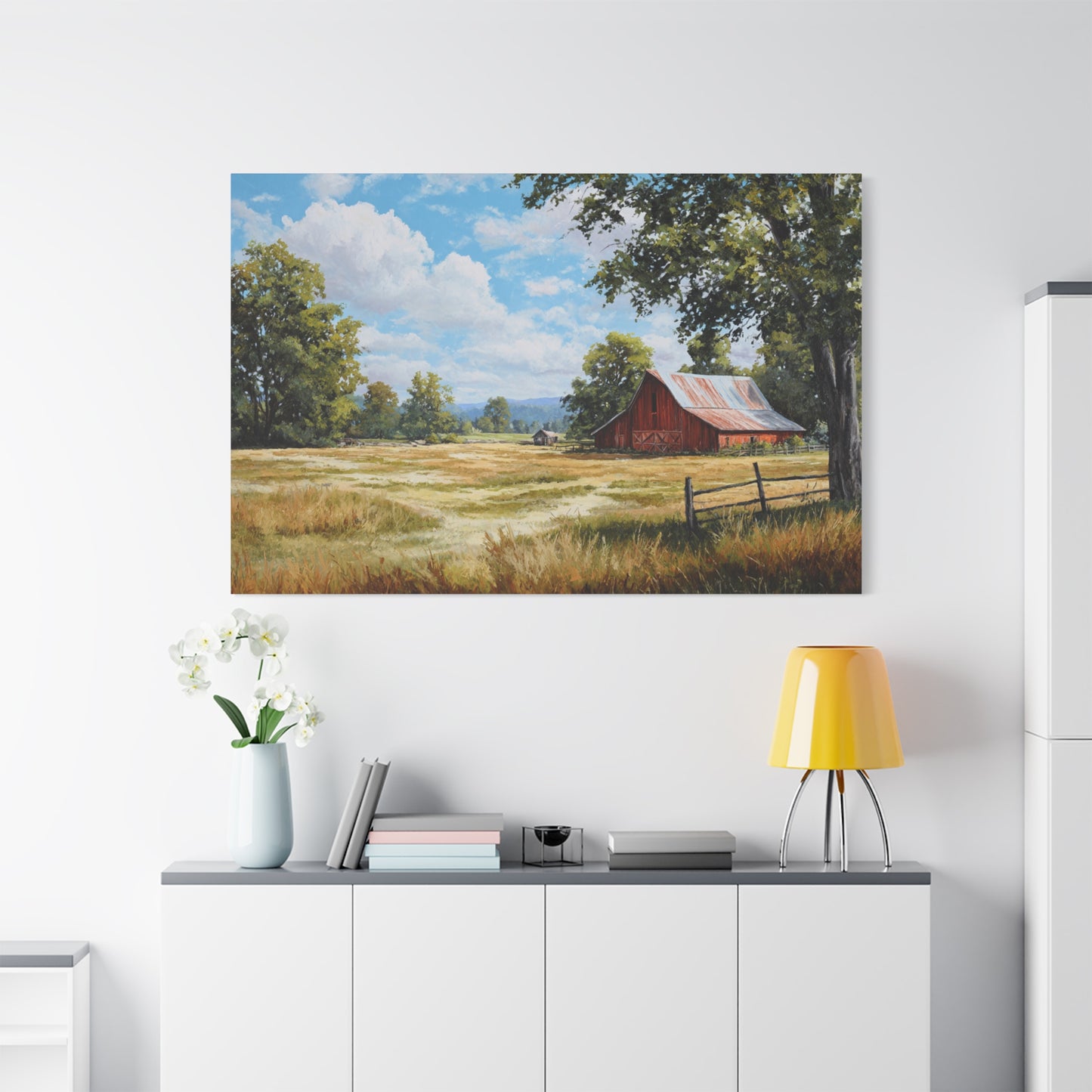 Rustic Red Barn Landscape Canvas Print — Stretched Matte Wall Art