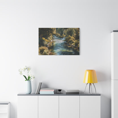 River Fishing Canvas Wall Art — Serene Forest Stream Matte Stretched Print