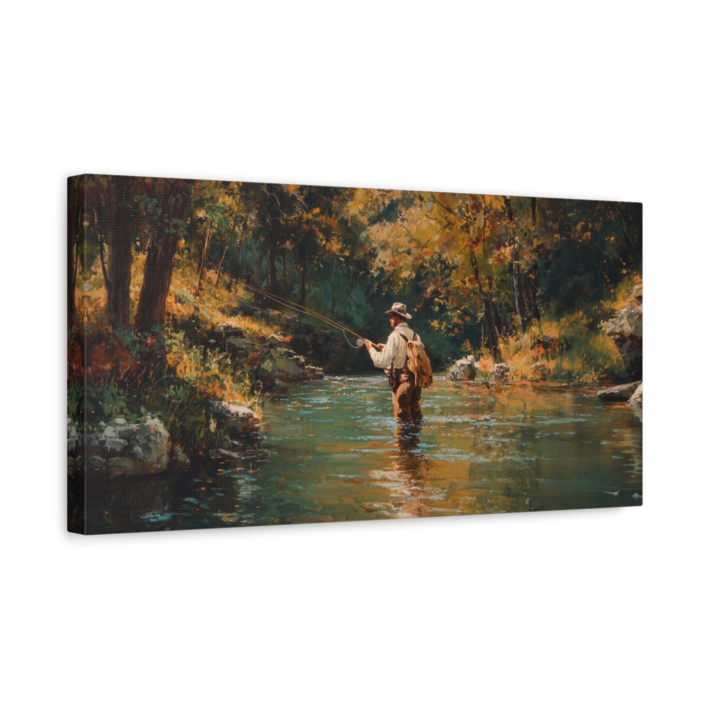 Vintage Fly Fisherman River Scene Matte Stretched Canvas (1.25")