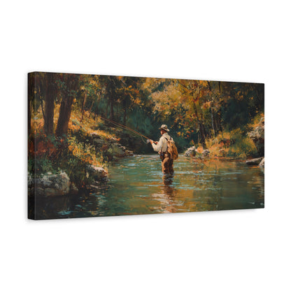 Vintage Fly Fisherman River Scene Matte Stretched Canvas (1.25")