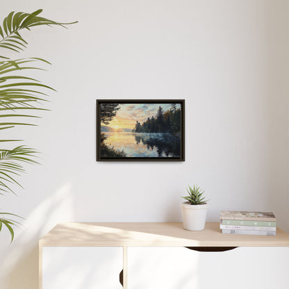 Sunrise Lake Framed Canvas Print — Forest Reflection Wall Art
