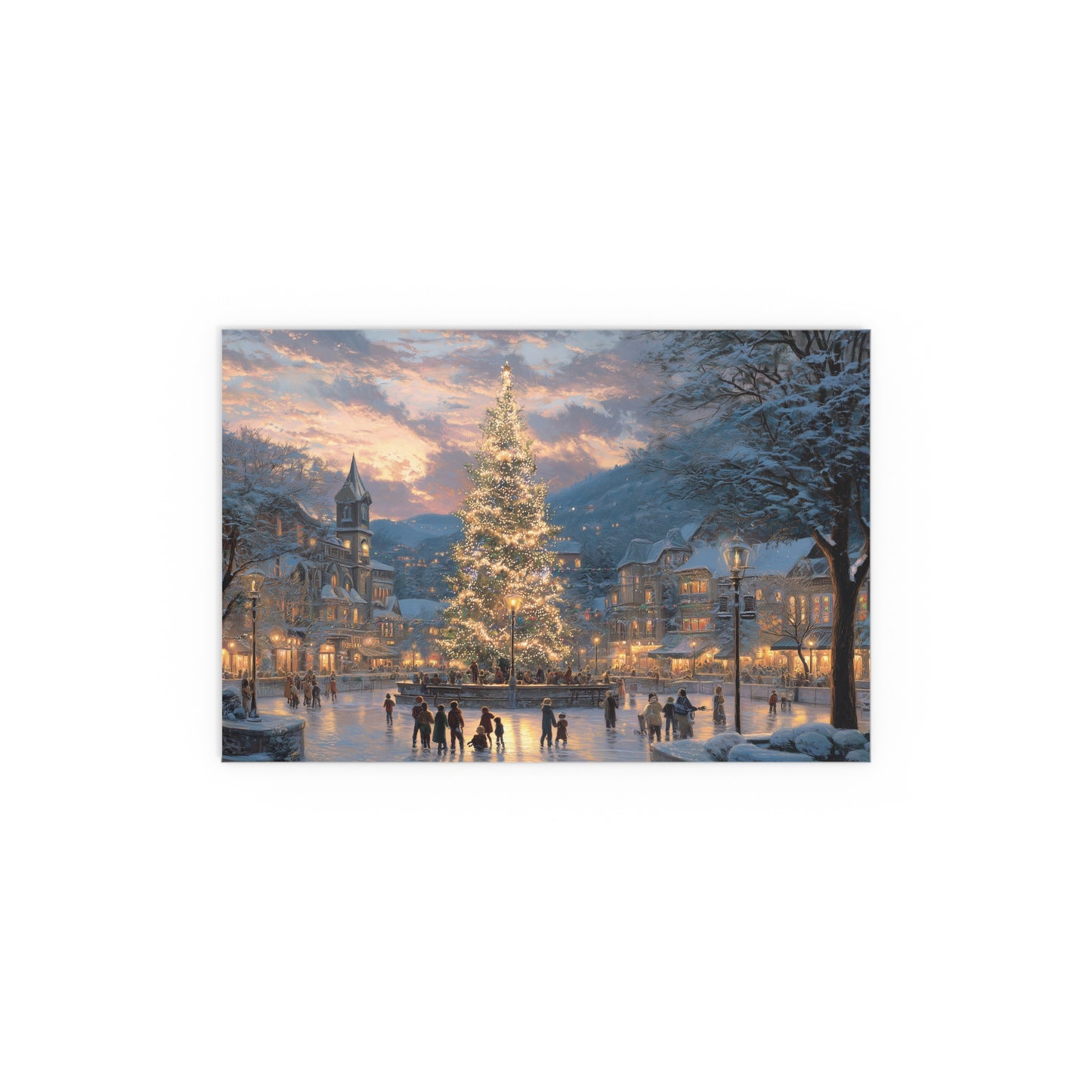 Christmas Village on Skates Silk Print — Illuminated Holiday Tree Winter Scene