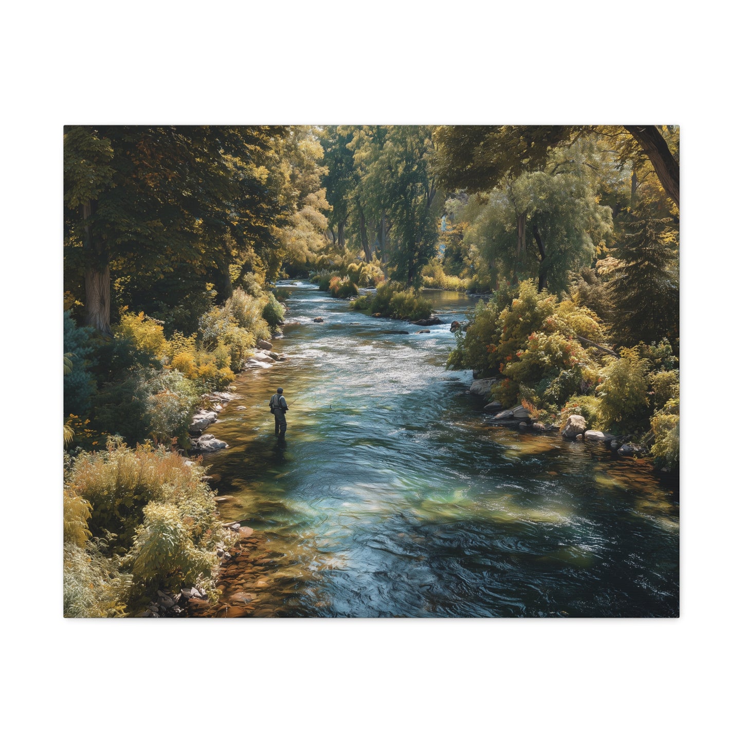 River Fishing Canvas Wall Art — Serene Forest Stream Matte Stretched Print