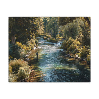 River Fishing Canvas Wall Art — Serene Forest Stream Matte Stretched Print