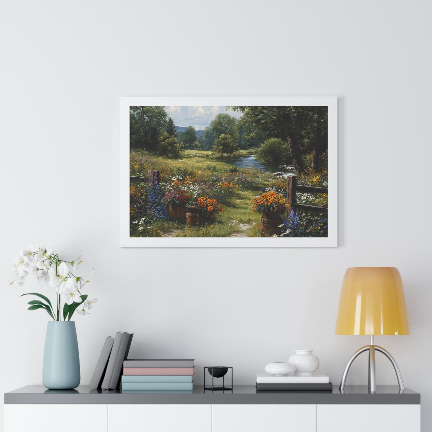 Serene Country Meadow Landscape Print - Framed Print