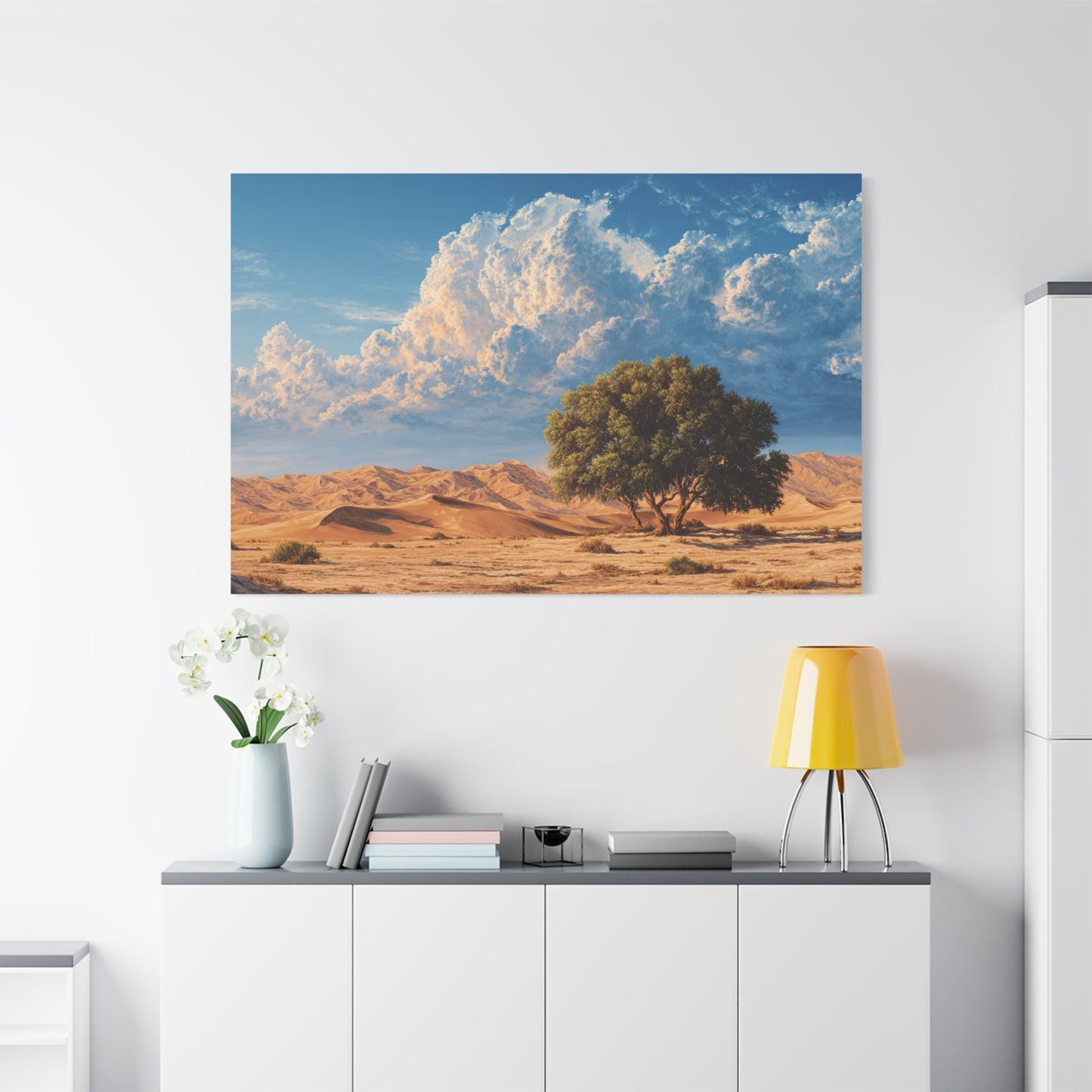 Desert Solitude Canvas Print — Lone Tree in Golden Dunes Matte Stretched Wall Art