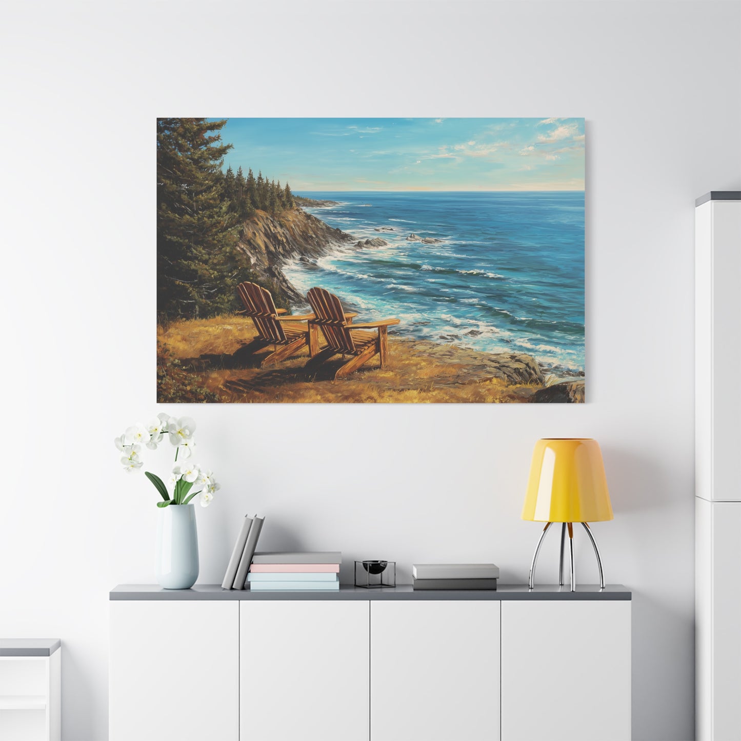 Coastal Cliffs Canvas Wall Art — Adirondack Chairs Overlooking Ocean Seascape