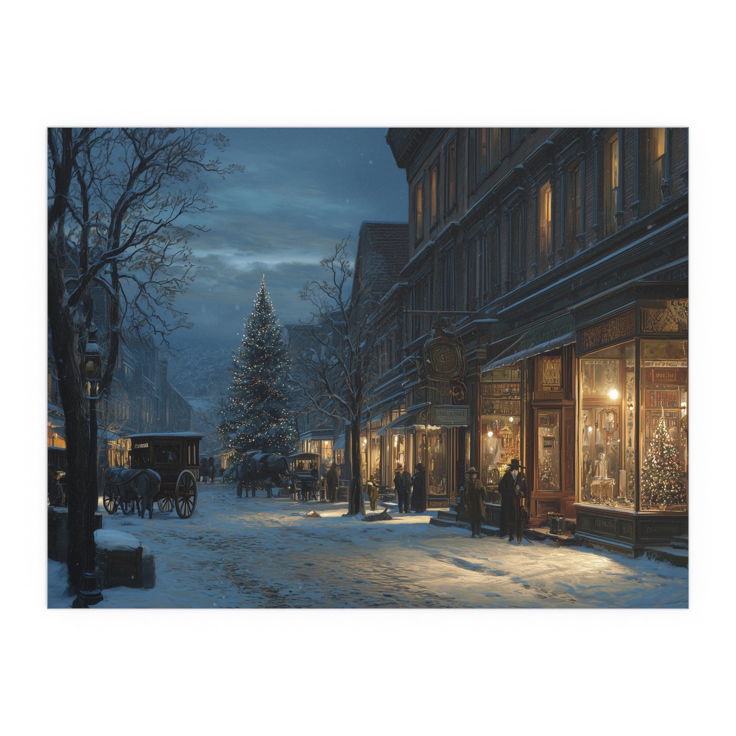Victorian Christmas Street Silk Paper Print — Snowy Night Holiday Print