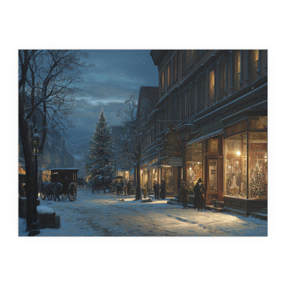 Victorian Christmas Street Silk Paper Print — Snowy Night Holiday Print