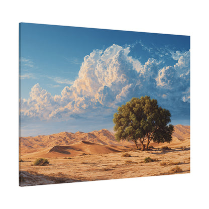 Desert Solitude Canvas Print — Lone Tree in Golden Dunes Matte Stretched Wall Art