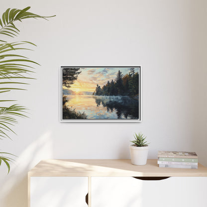 Sunrise Lake Framed Canvas Print — Forest Reflection Wall Art