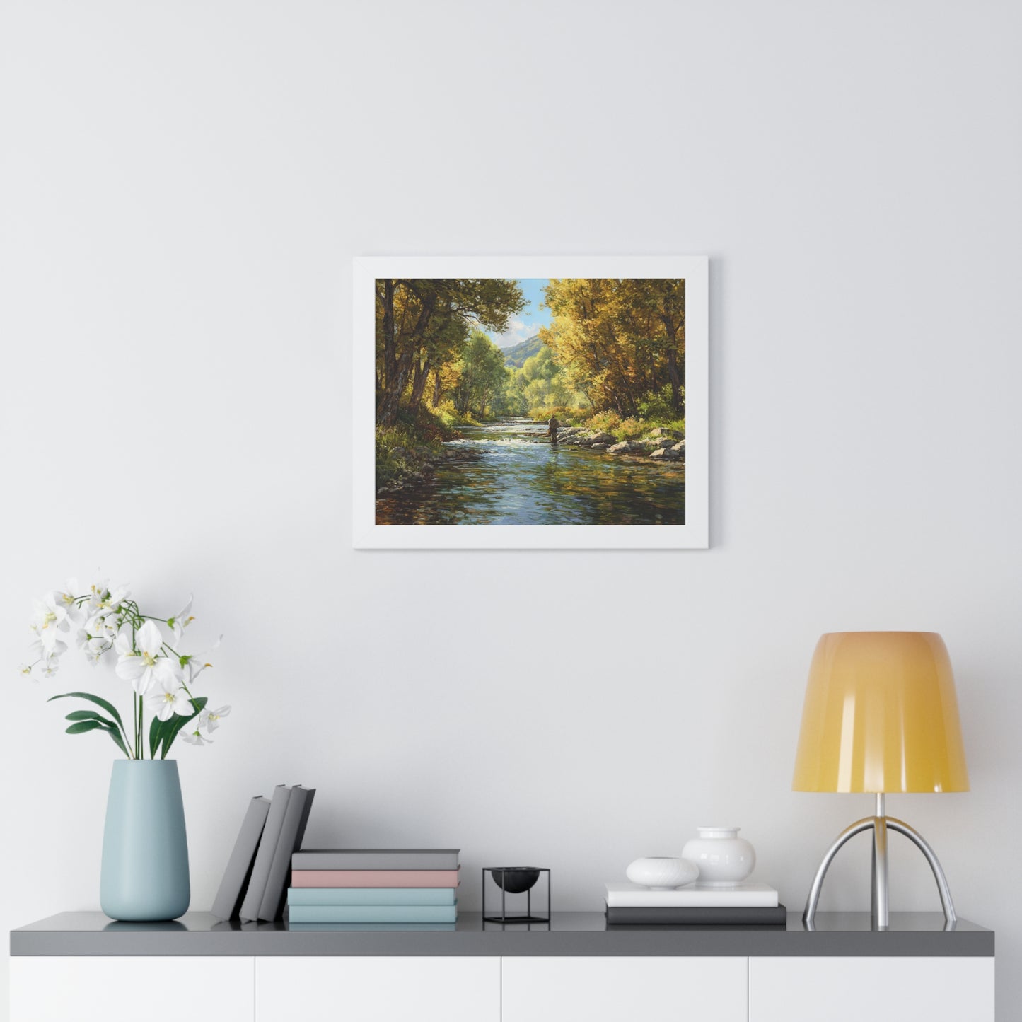 River Fly Fishing Art Print for Cabin & Living Room - Framed Landscape Print