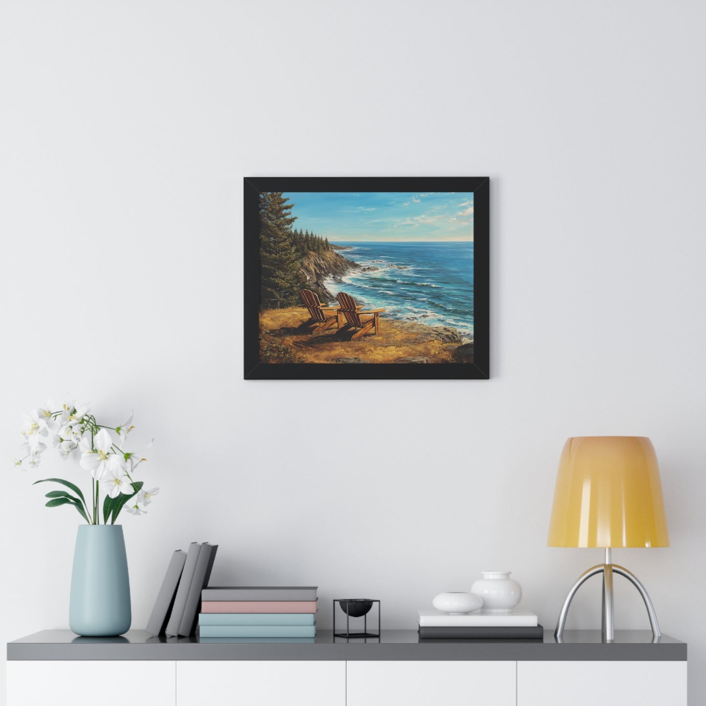 Coastal Clifftop Adirondack Chairs Framed Print — Beach Landscape Wall Art
