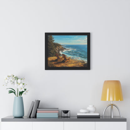 Coastal Clifftop Adirondack Chairs Framed Print — Beach Landscape Wall Art