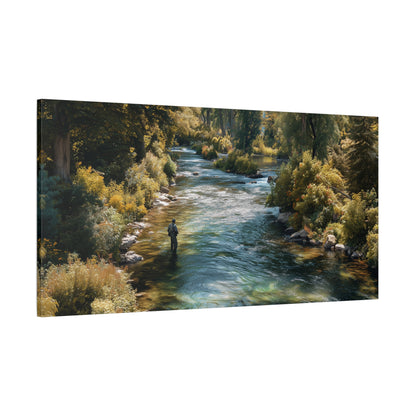 River Fishing Canvas Wall Art — Serene Forest Stream Matte Stretched Print