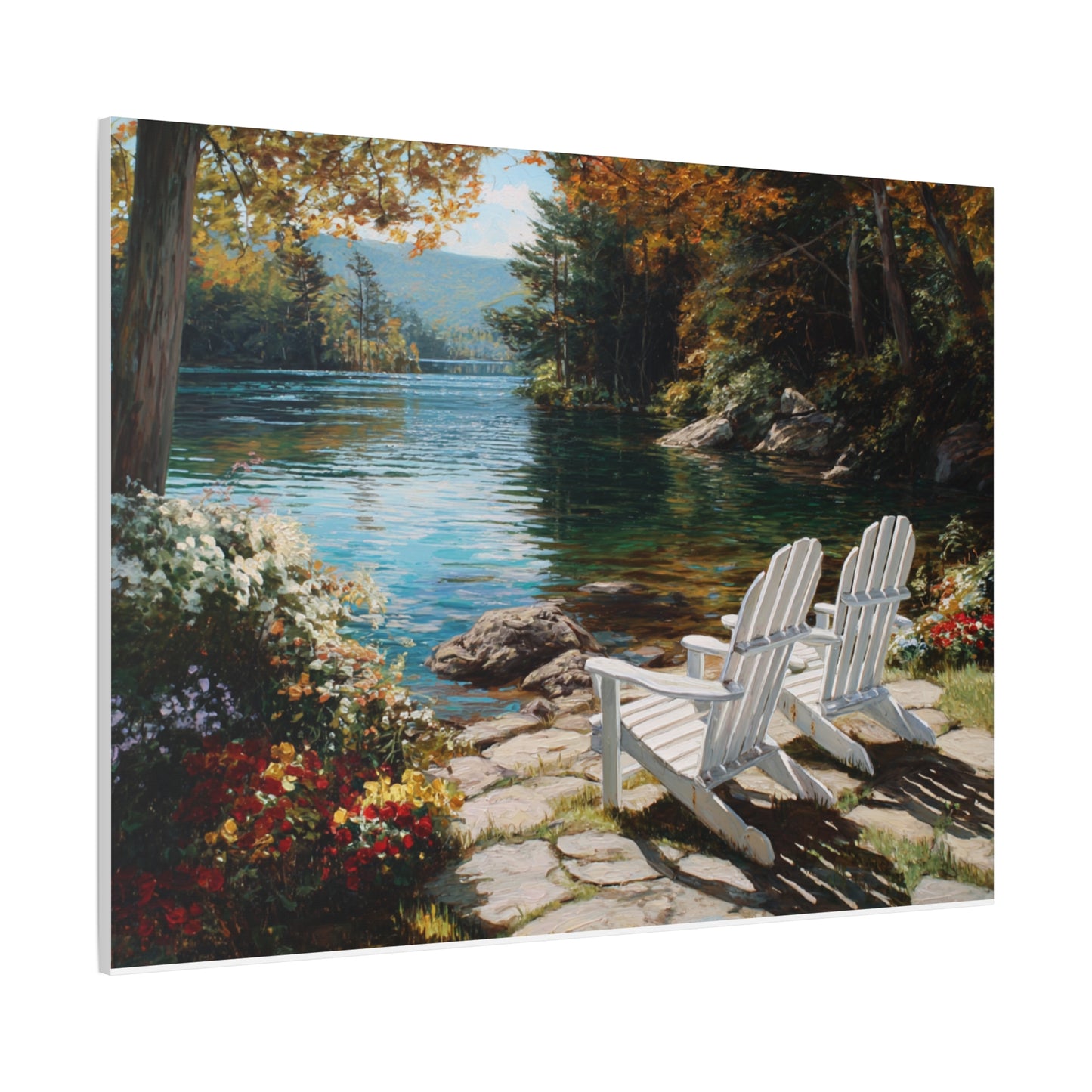Canvas Print - Lakeside Adirondack Chairs Scenic Wall Art (Matte Stretched)