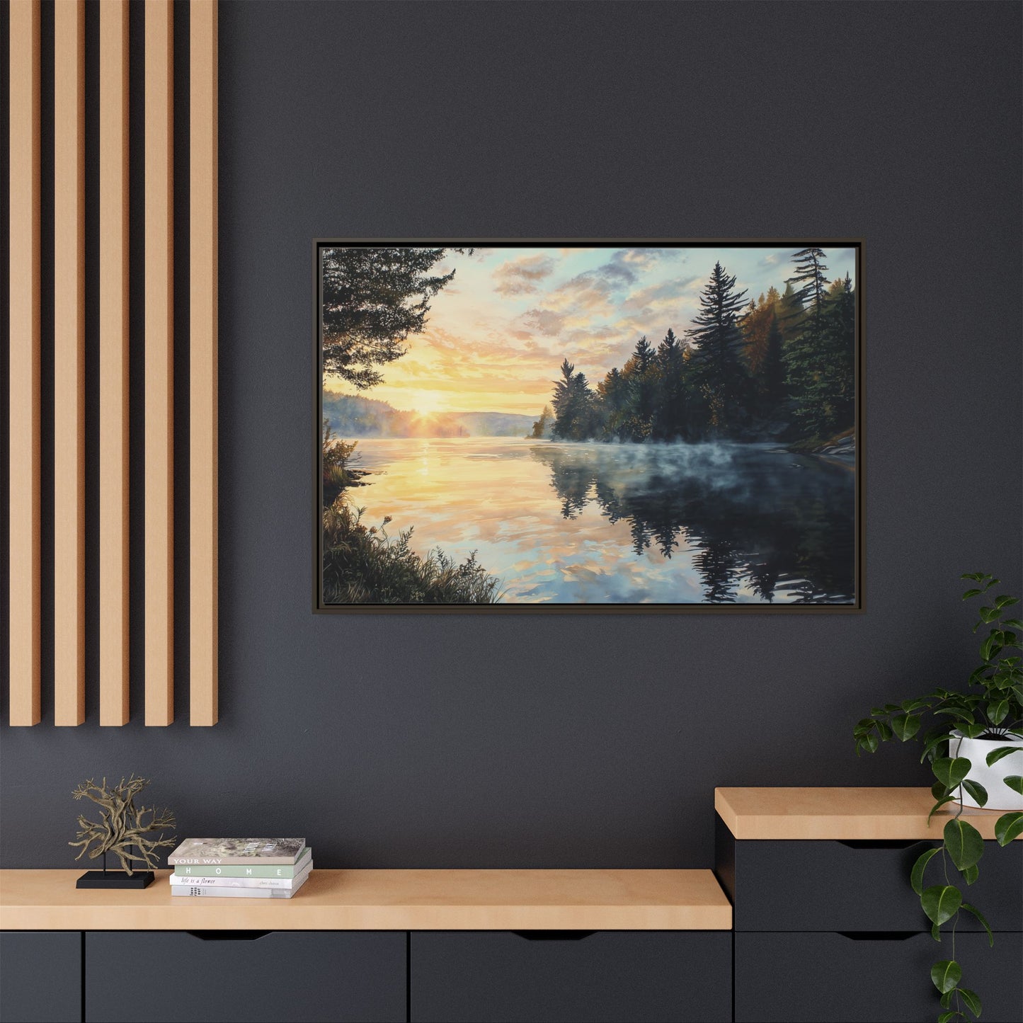 Sunrise Lake Framed Canvas Print — Forest Reflection Wall Art