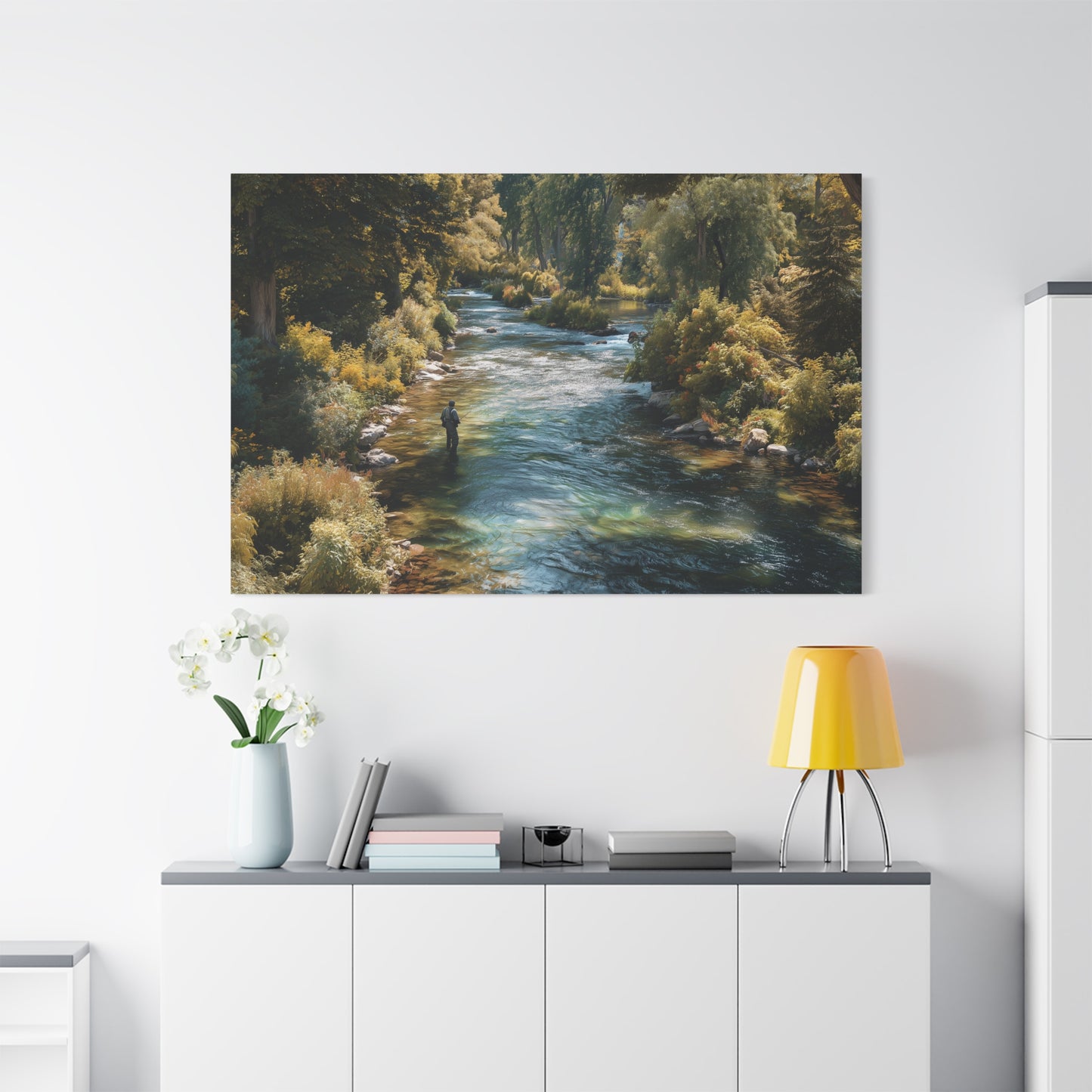 River Fishing Canvas Wall Art — Serene Forest Stream Matte Stretched Print