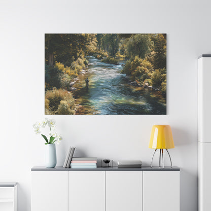River Fishing Canvas Wall Art — Serene Forest Stream Matte Stretched Print