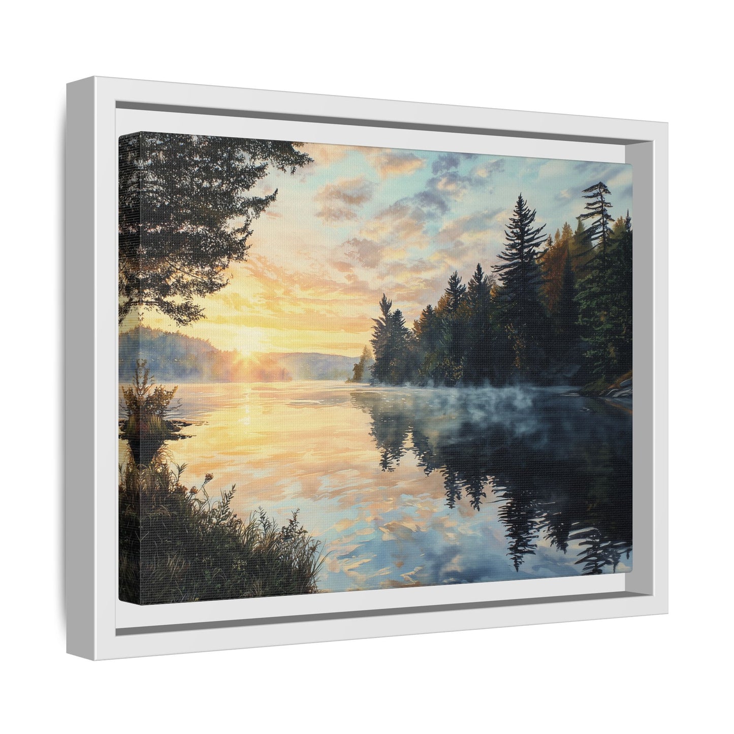 Sunrise Lake Framed Canvas Print — Forest Reflection Wall Art