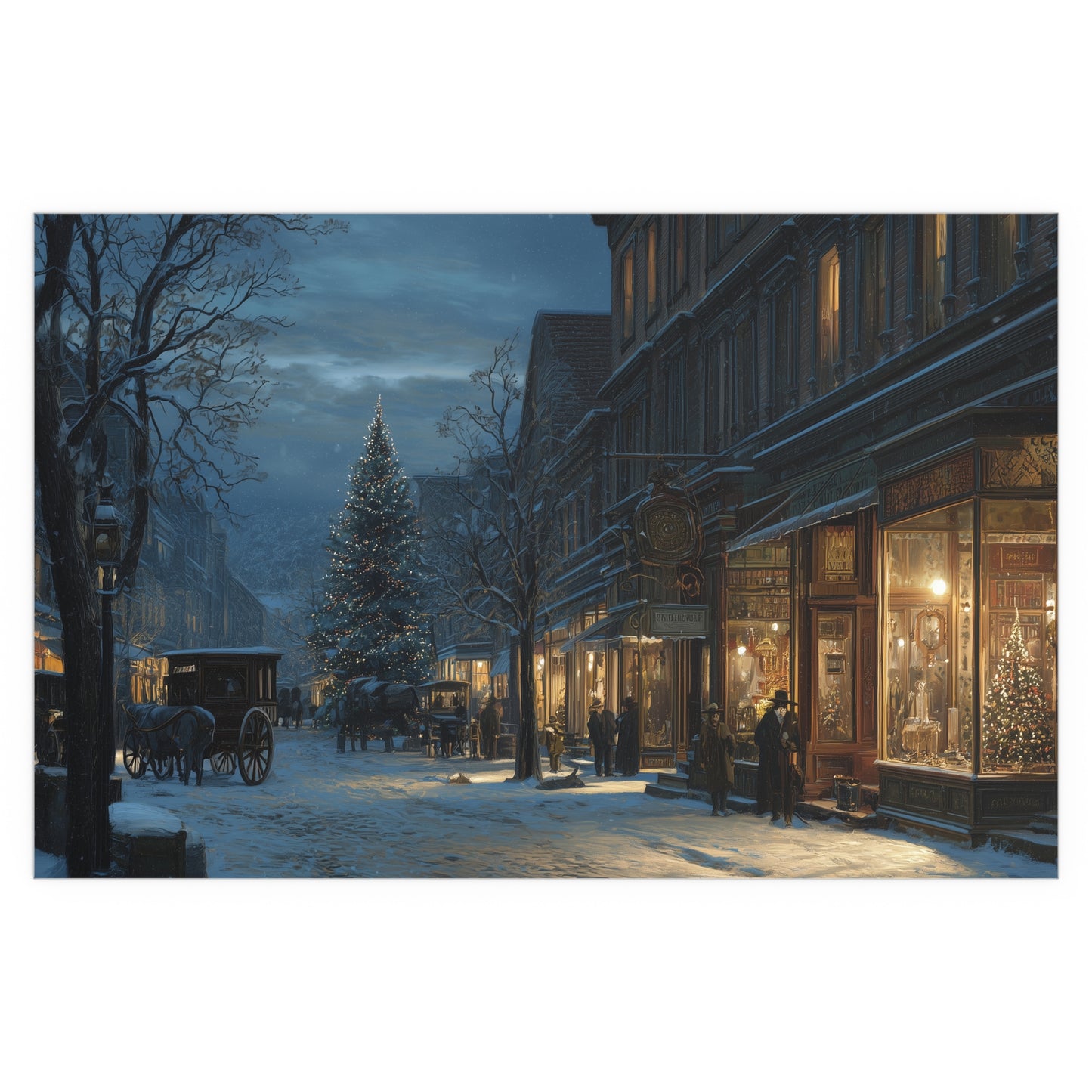 Victorian Christmas Street Silk Paper Print — Snowy Night Holiday Print