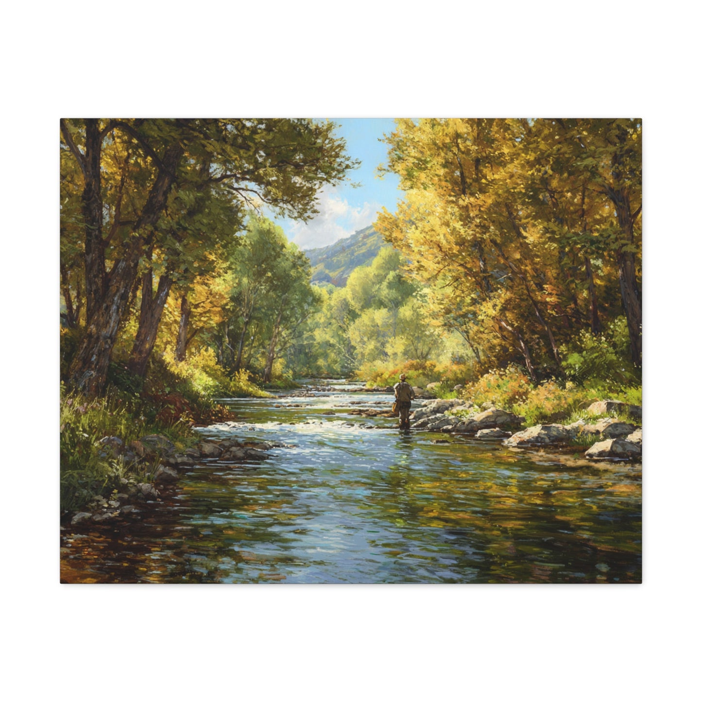 Autumn River Fly Fishing Matte Stretched Canvas