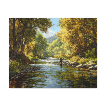 Autumn River Fly Fishing Matte Stretched Canvas