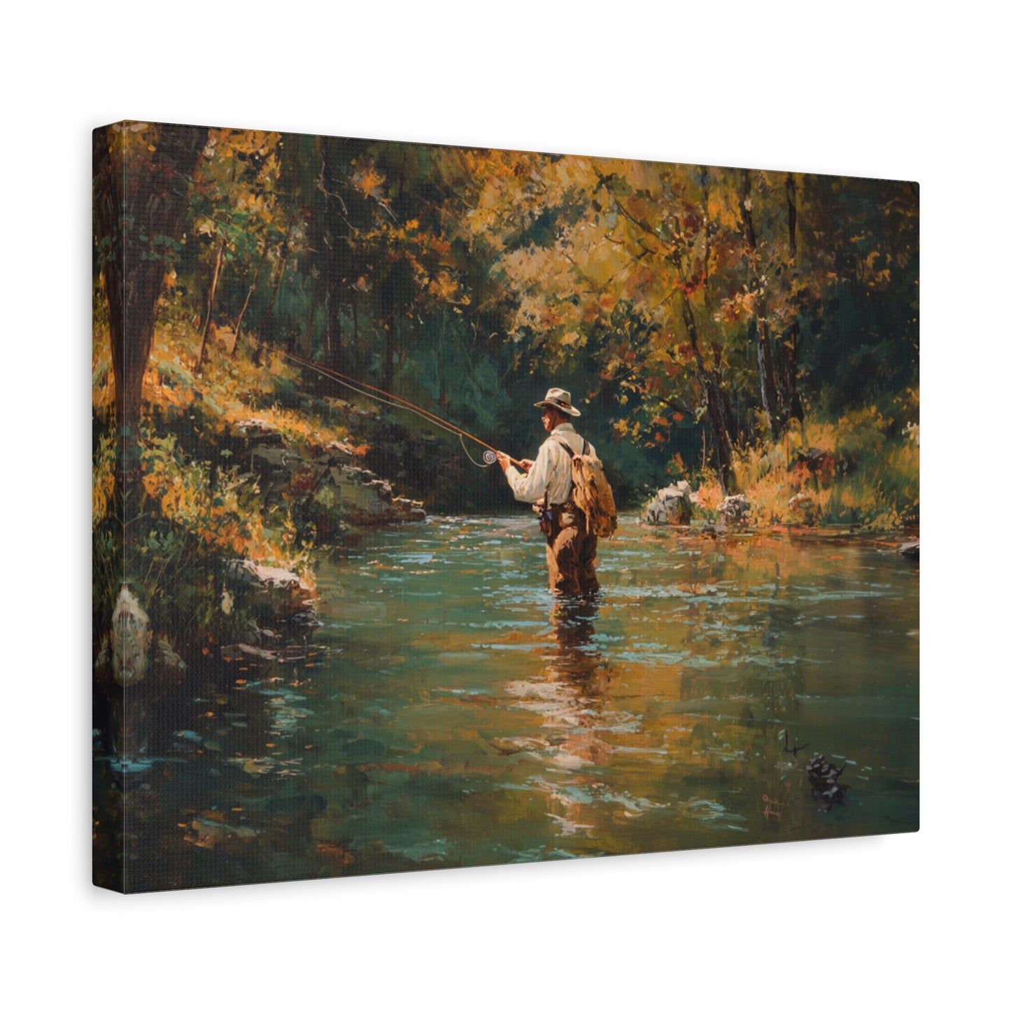 Vintage Fly Fisherman River Scene Matte Stretched Canvas (1.25")