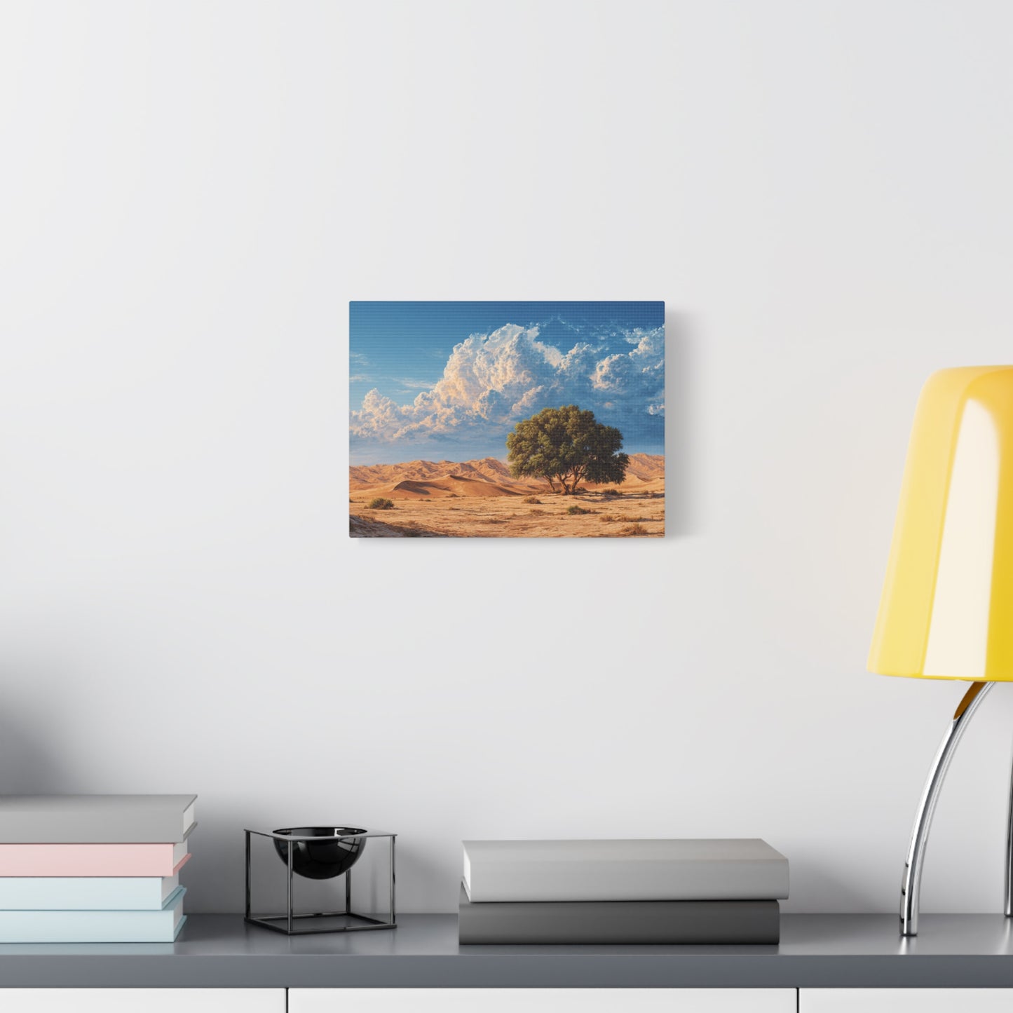 Desert Solitude Canvas Print — Lone Tree in Golden Dunes Matte Stretched Wall Art