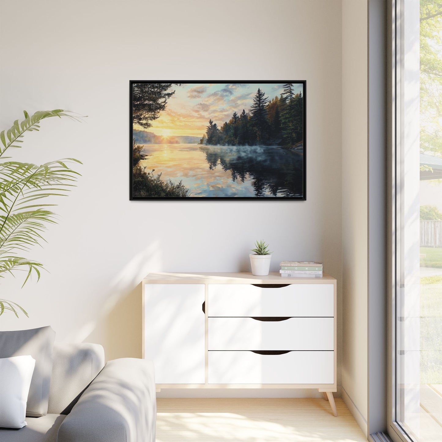 Sunrise Lake Framed Canvas Print — Forest Reflection Wall Art