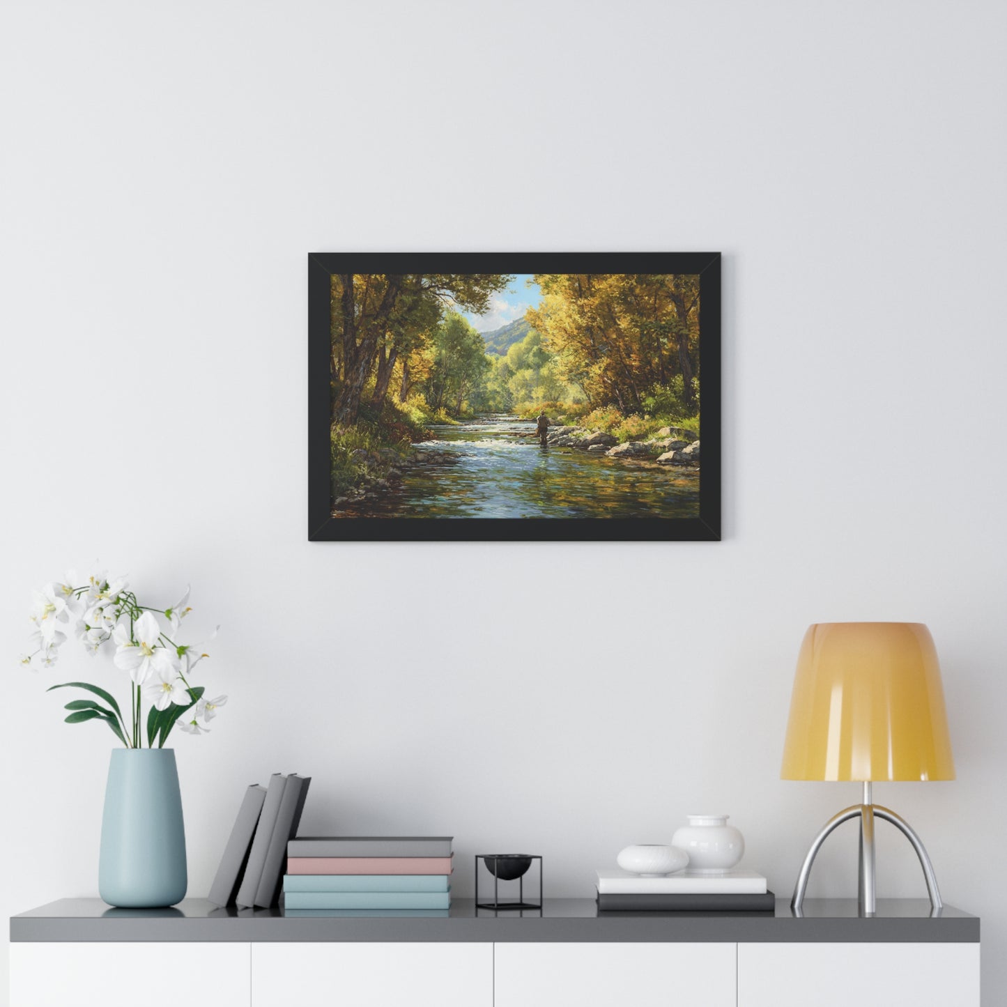 River Fly Fishing Art Print for Cabin & Living Room - Framed Landscape Print