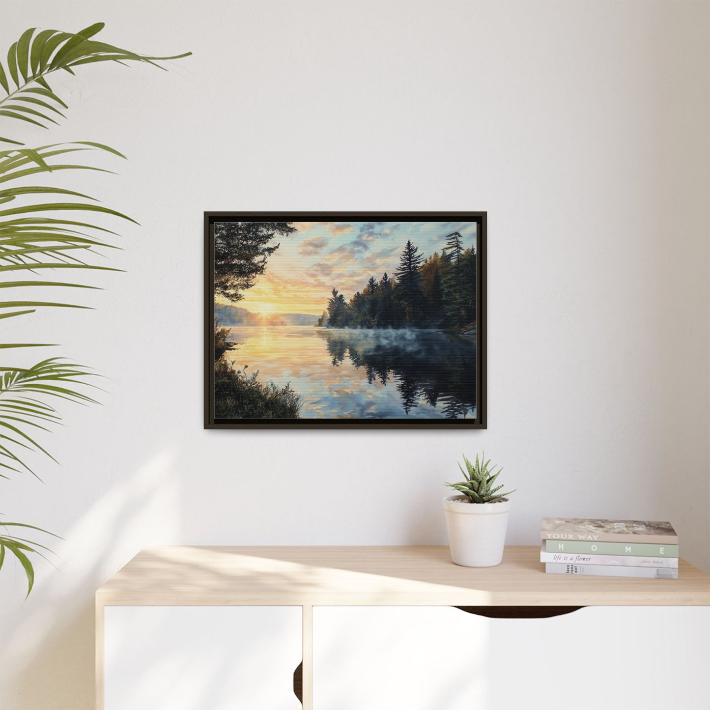 Sunrise Lake Framed Canvas Print — Forest Reflection Wall Art
