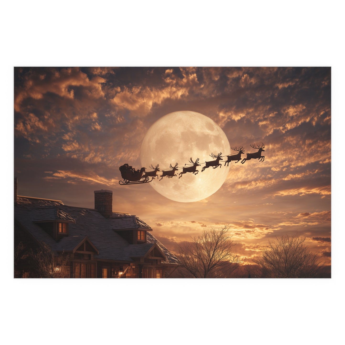 Santa’s Sleigh Over Full Moon Silk Paper Print — Indoor & Outdoor Holiday Wall Art