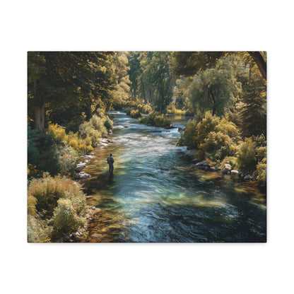 River Fishing Canvas Wall Art — Serene Forest Stream Matte Stretched Print