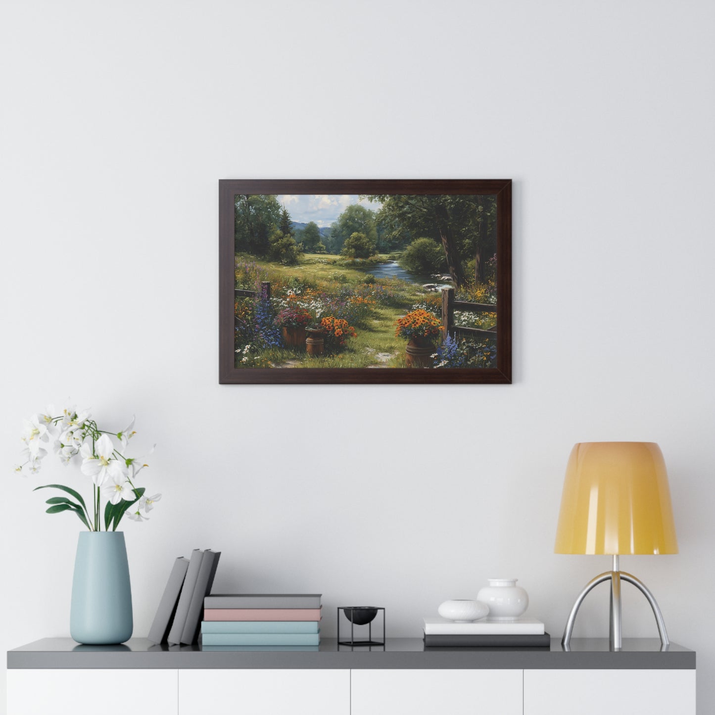 Serene Country Meadow Landscape Print - Framed Print