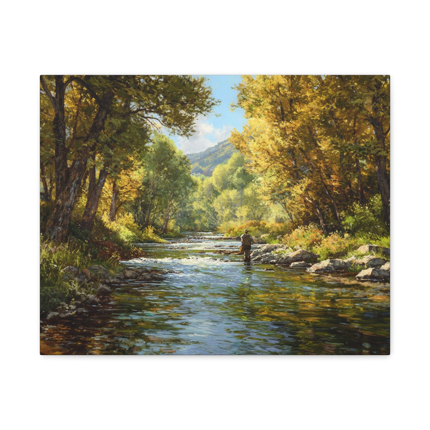 Autumn River Fly Fishing Matte Stretched Canvas