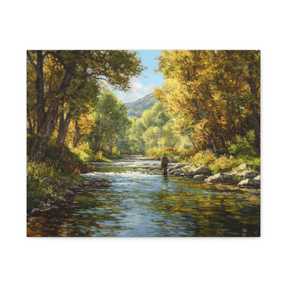 Autumn River Fly Fishing Matte Stretched Canvas