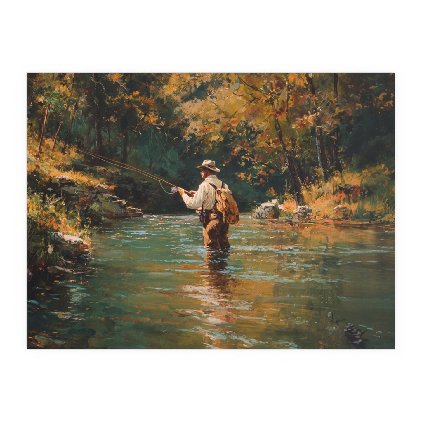 Vintage Fly Fisherman River Scene - Silk Paper Print