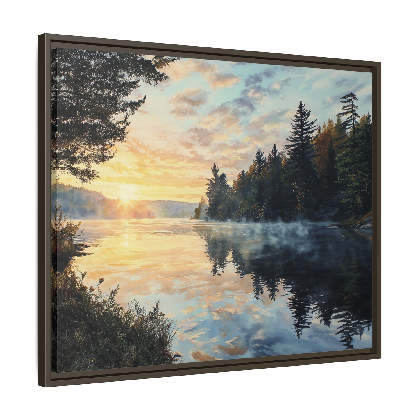 Sunrise Lake Framed Canvas Print — Forest Reflection Wall Art