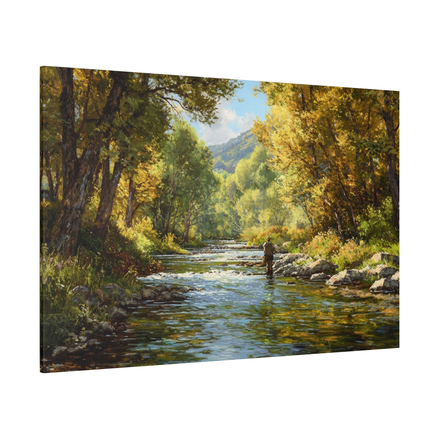 Autumn River Fly Fishing Matte Stretched Canvas