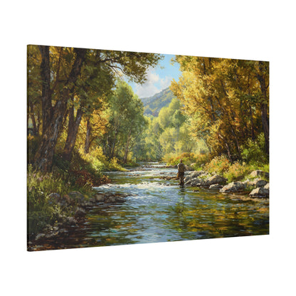 Autumn River Fly Fishing Matte Stretched Canvas