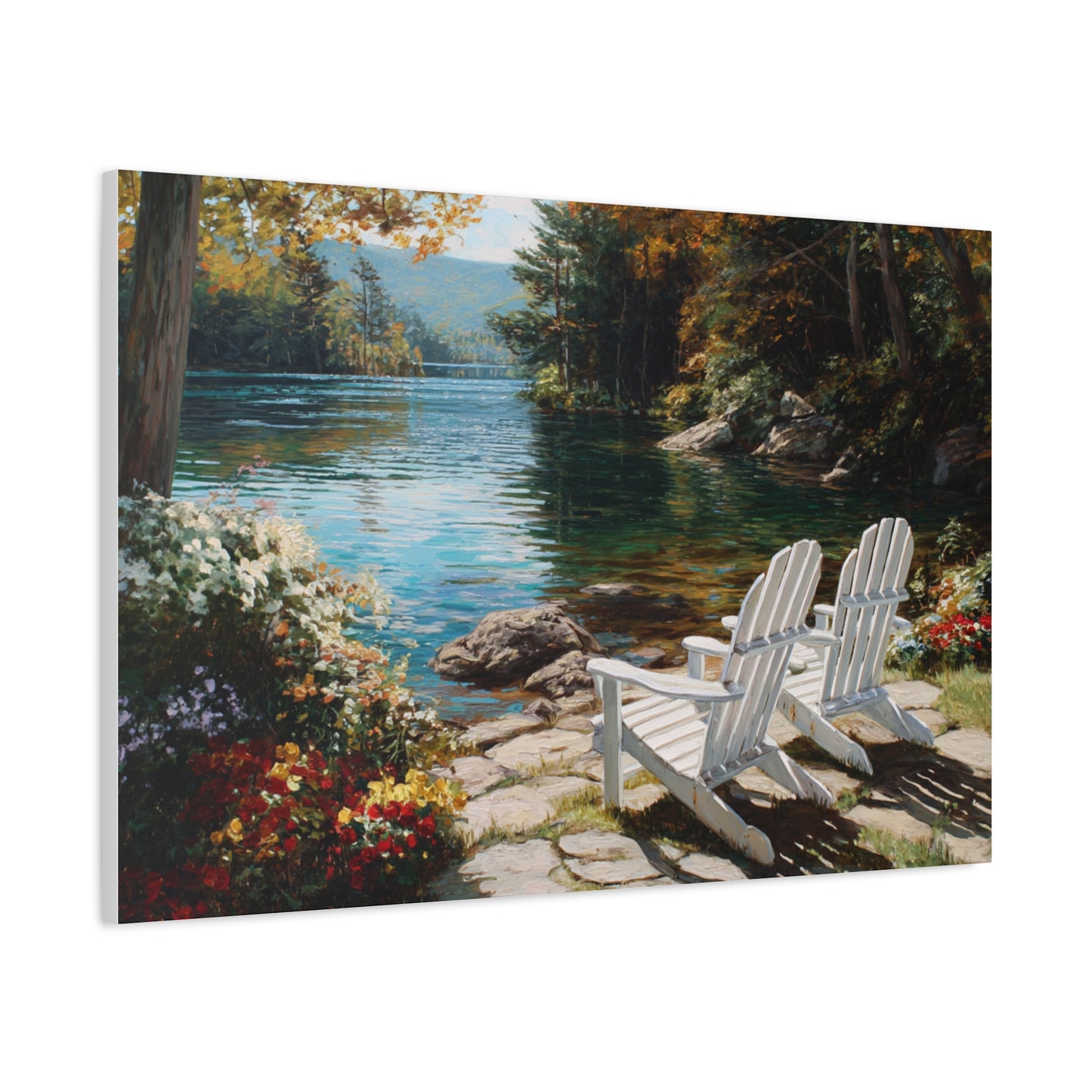 Canvas Print - Lakeside Adirondack Chairs Scenic Wall Art (Matte Stretched)