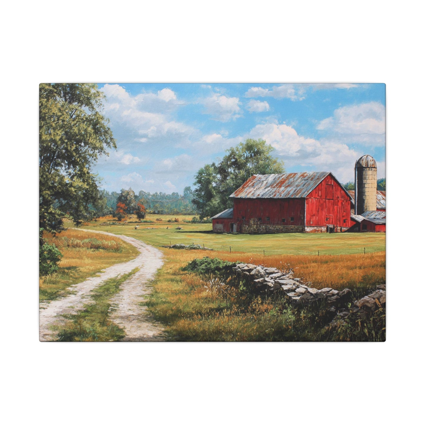 Country Farmhouse Canvas Wall Art — Red Barn Road Landscape Matte Stretched Print