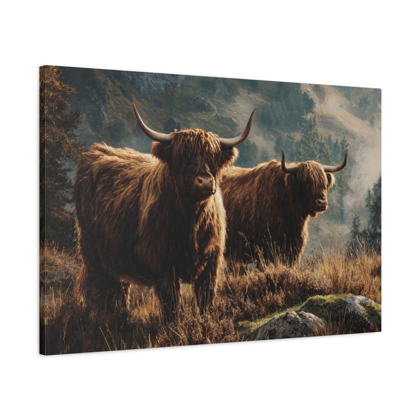 Highland Cow Canvas Print – Rustic Scottish Cattle Landscape Wall Art