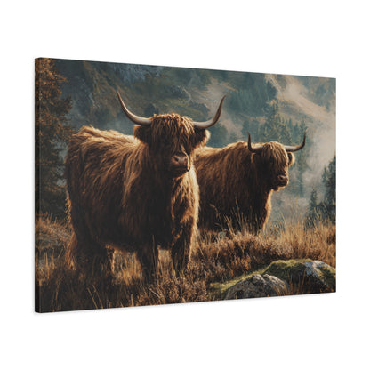 Highland Cow Canvas Print – Rustic Scottish Cattle Landscape Wall Art