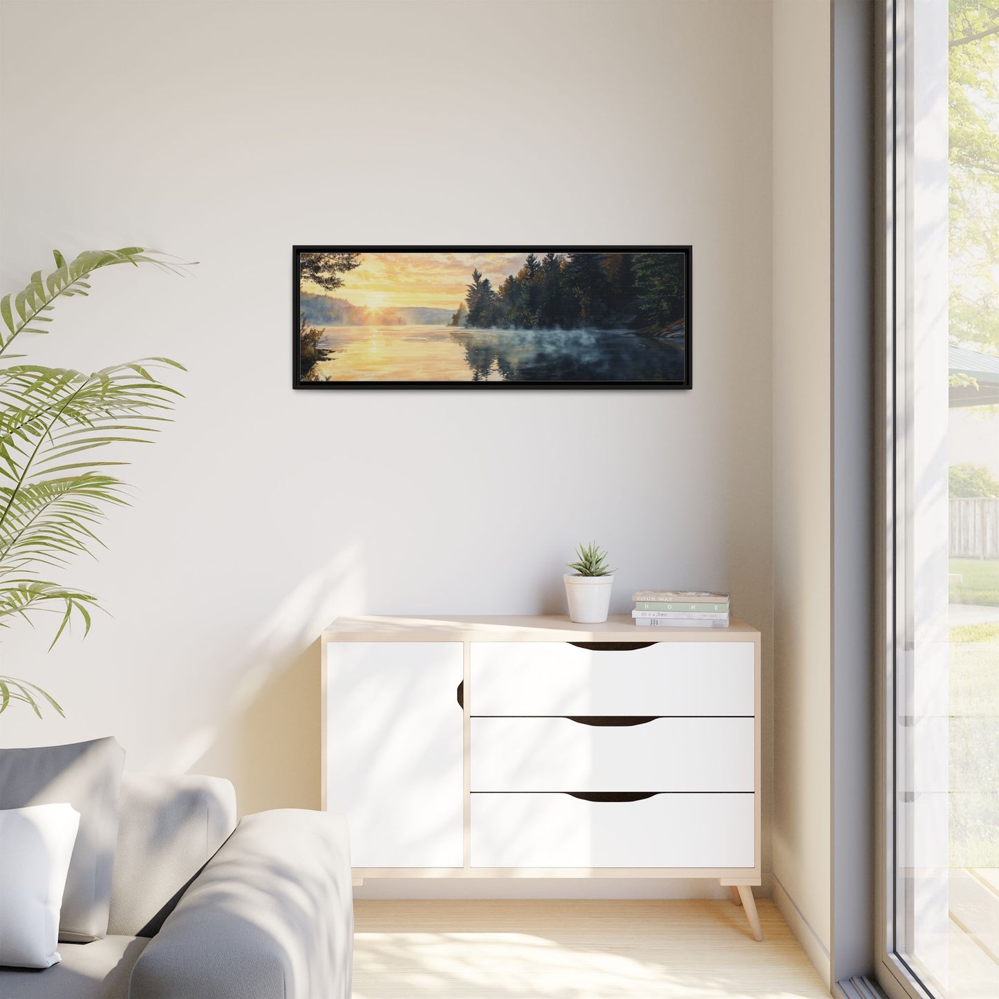 Sunrise Lake Framed Canvas Print — Forest Reflection Wall Art