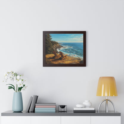 Coastal Clifftop Adirondack Chairs Framed Print — Beach Landscape Wall Art