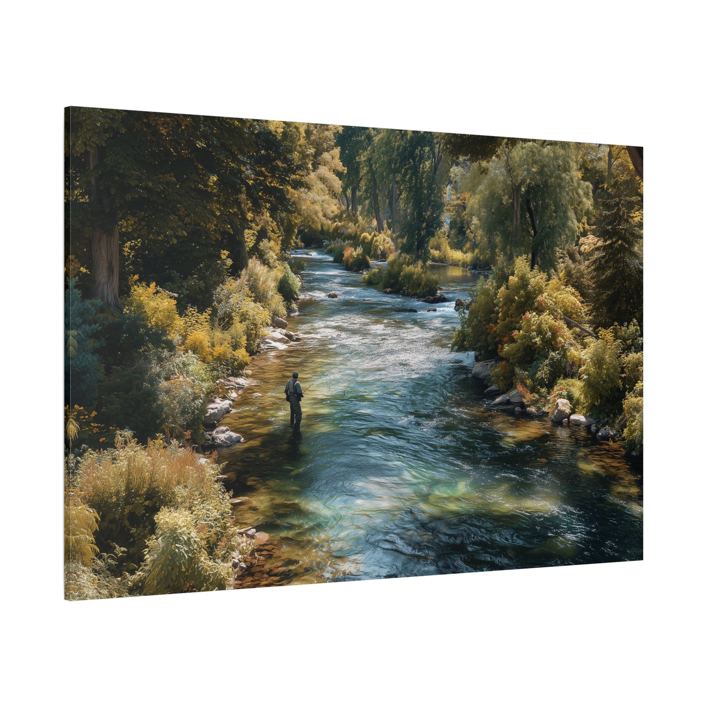 River Fishing Canvas Wall Art — Serene Forest Stream Matte Stretched Print