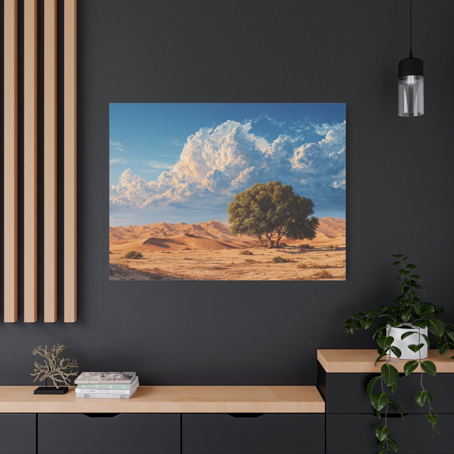 Desert Solitude Canvas Print — Lone Tree in Golden Dunes Matte Stretched Wall Art